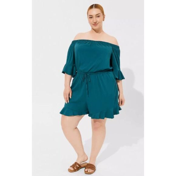 Torrid NWT size 3X stretch challis off the shoulder romper- gulf coast (dark tea - Picture 1 of 4